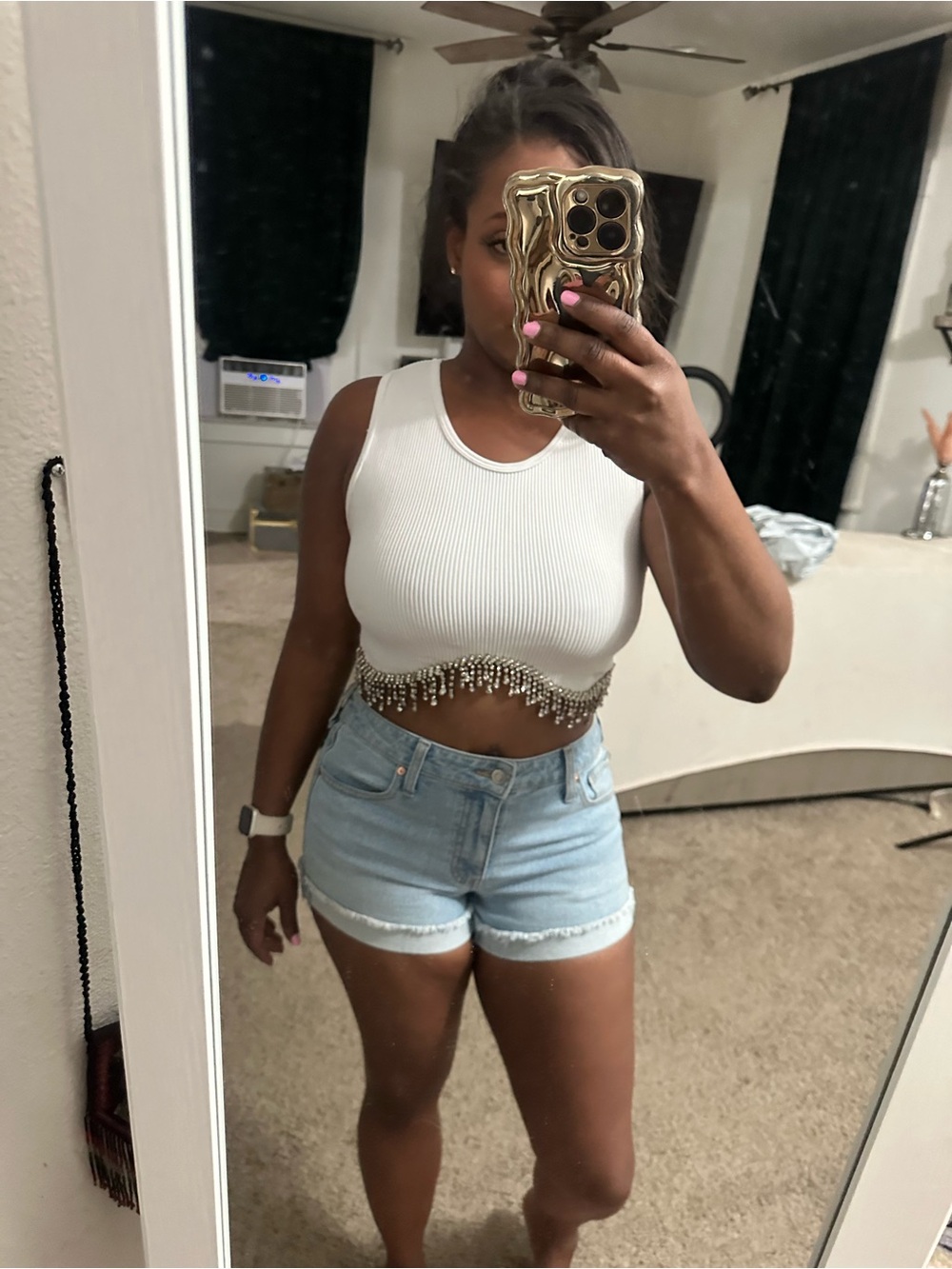 White Ribbed Crop Tank with Beaded Fringe